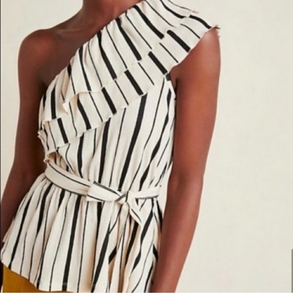 Anthropologie MAEVE Belted & Cream Striped Ruffled One-Shoulder Top | Size L